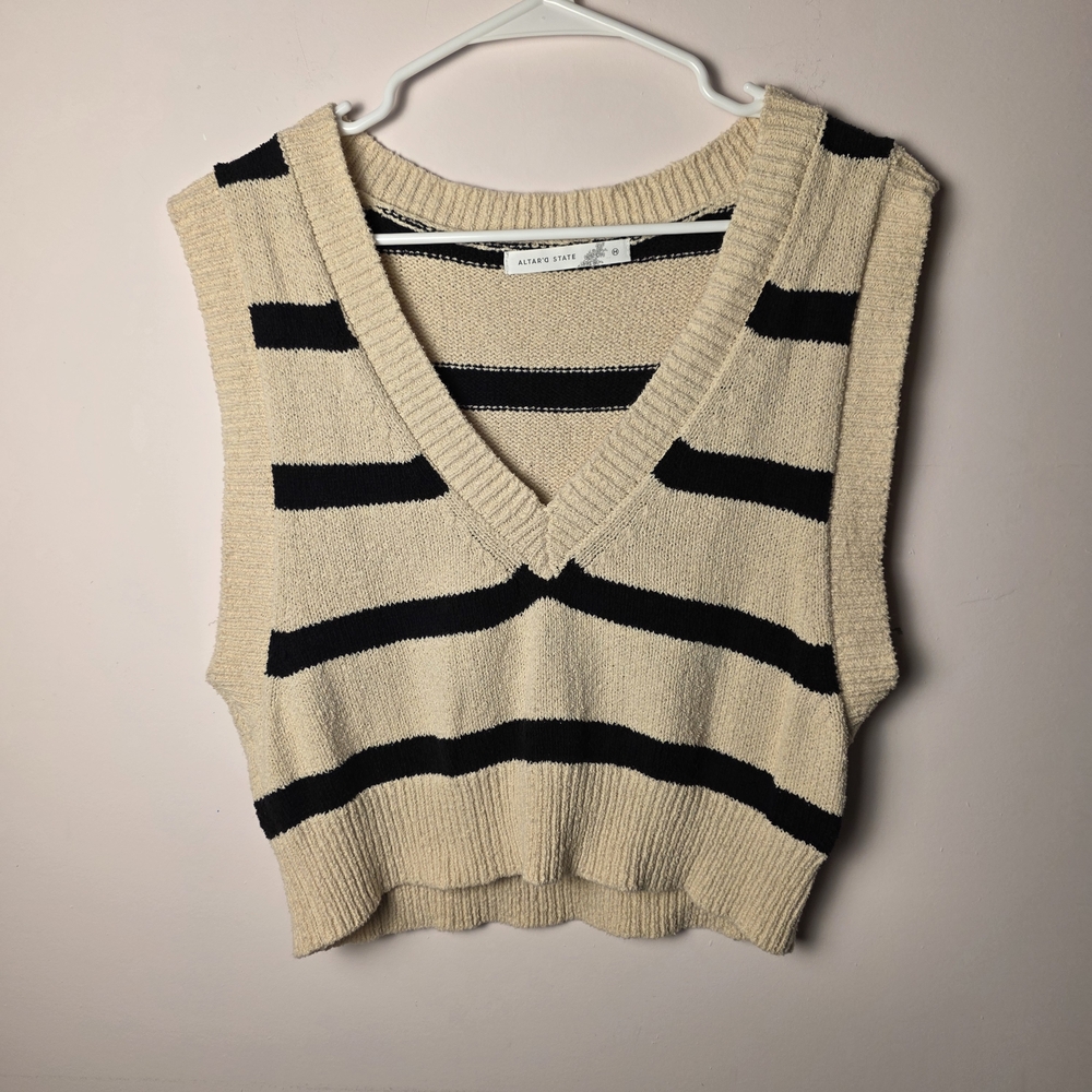 Altar’d State Cream Black Striped Sweater Vest M Cotton V Neck Preppy Academia
